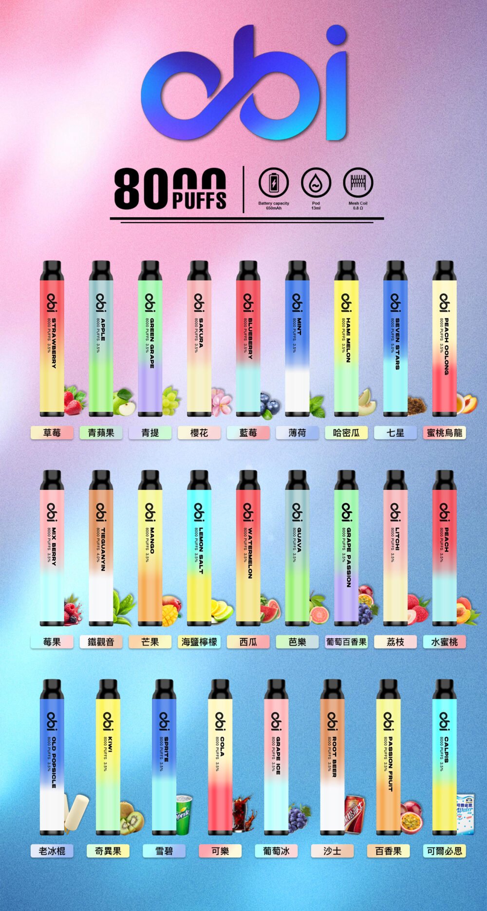OBI全口味首圖 【OBI】 8000口一次性/拋棄式電子煙|13ml大容量×27種爆款口味